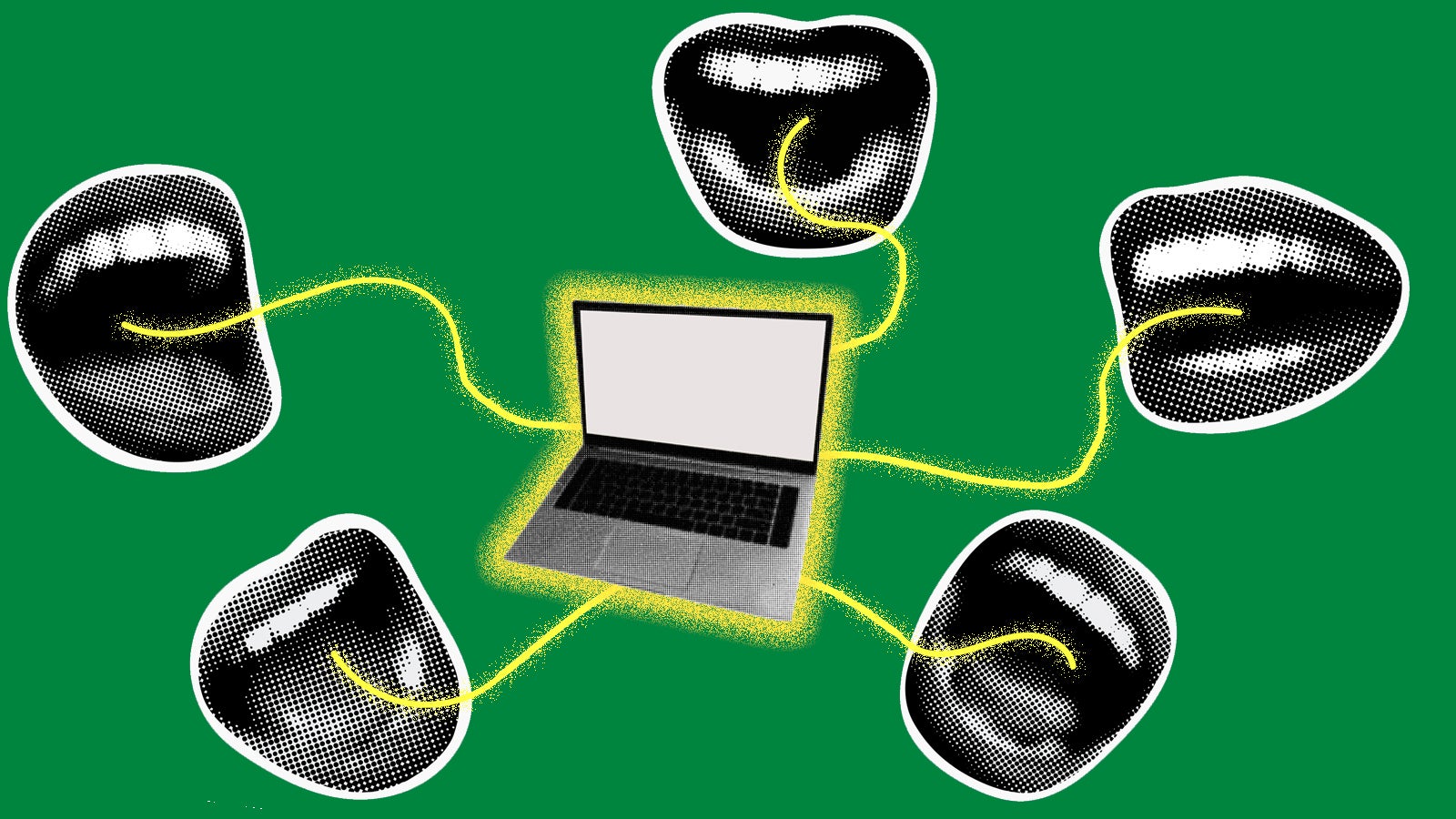 A laptop surrounded by five mouths, with yellow lines connecting them, set against a green background.