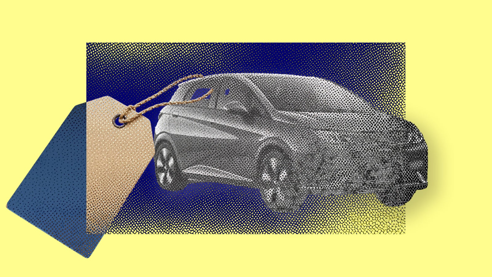 A black car silhouette with a sale tag against a bright yellow and blue background, suggesting a promotional theme.