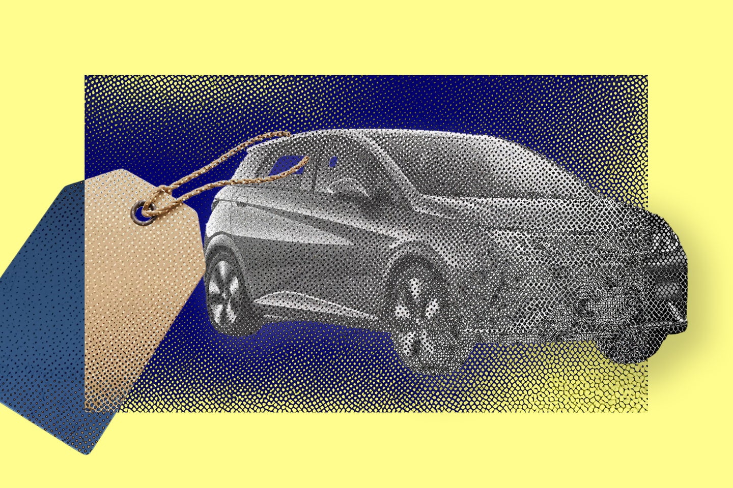 A black car silhouette with a sale tag against a bright yellow and blue background, suggesting a promotional theme.