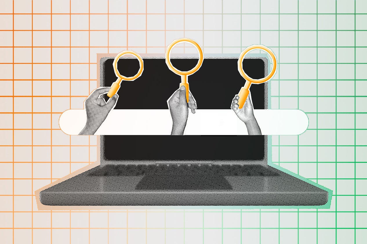 Hands holding magnifying glasses above a laptop screen, set against a grid-patterned background in orange, green, and white.