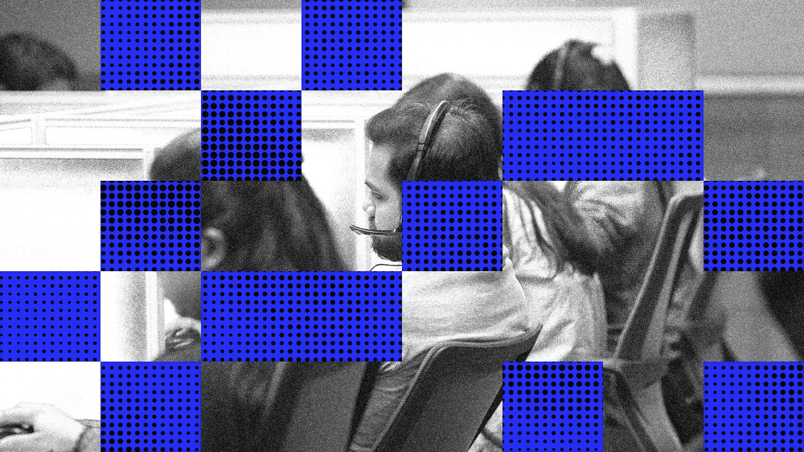 Students wearing headsets sit at computers in a classroom, engaged in learning activities, with a stylized blue pattern overlay.