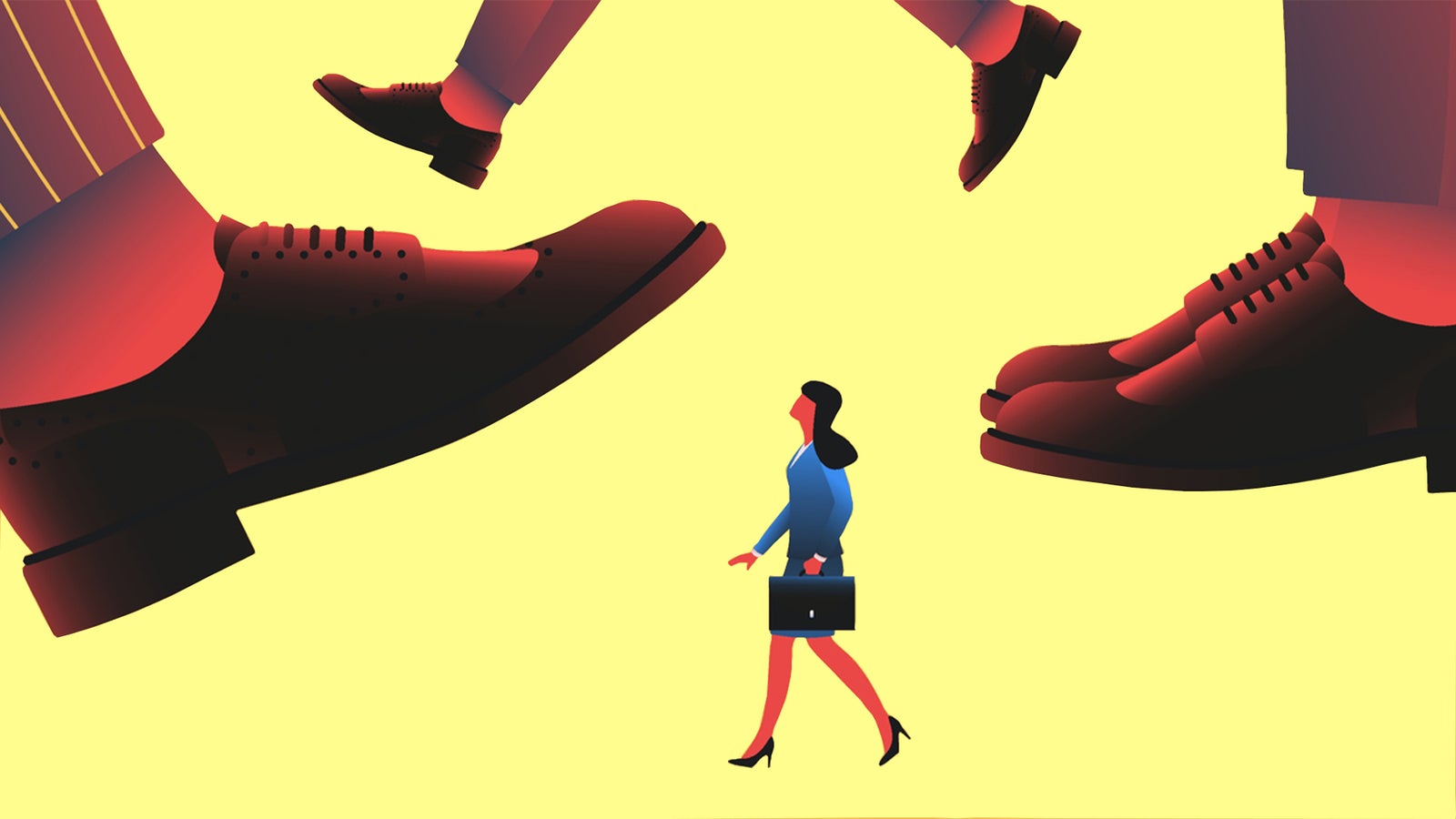 A small woman in a blue suit walks between two large, looming shoes, symbolizing pressure or dominance in a professional setting.