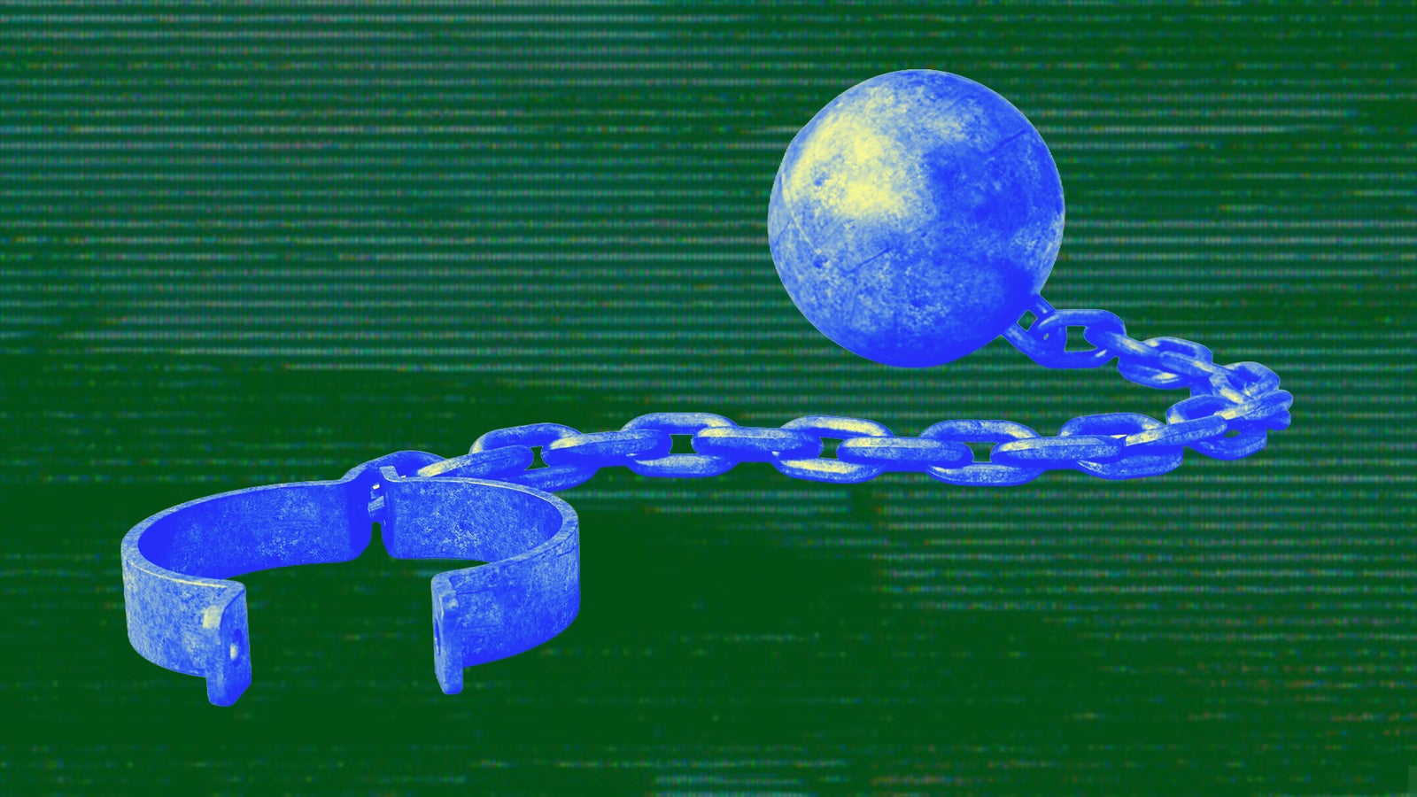 A blue-toned illustration of a ball and chain, featuring a heavy ball attached to a metal chain and a broken shackle.