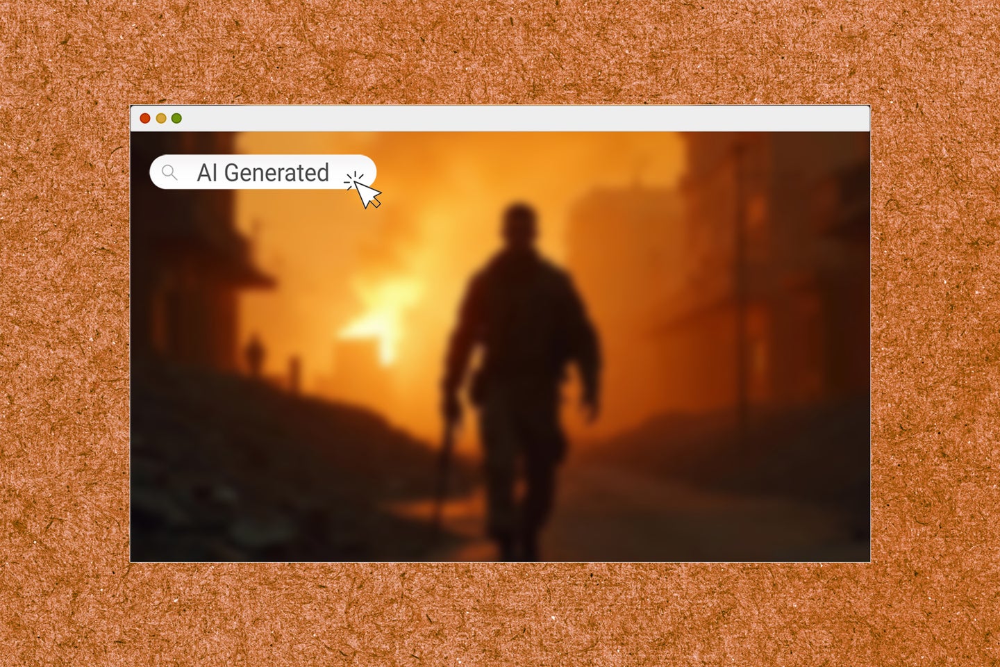 A silhouetted figure walks through a smoky, orange-lit street, with buildings partially visible in the background.