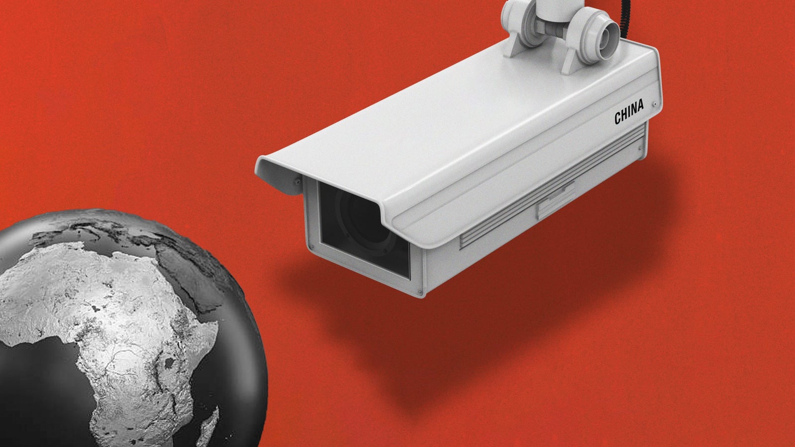 A surveillance camera positioned near a globe highlighting Africa, set against a red background.