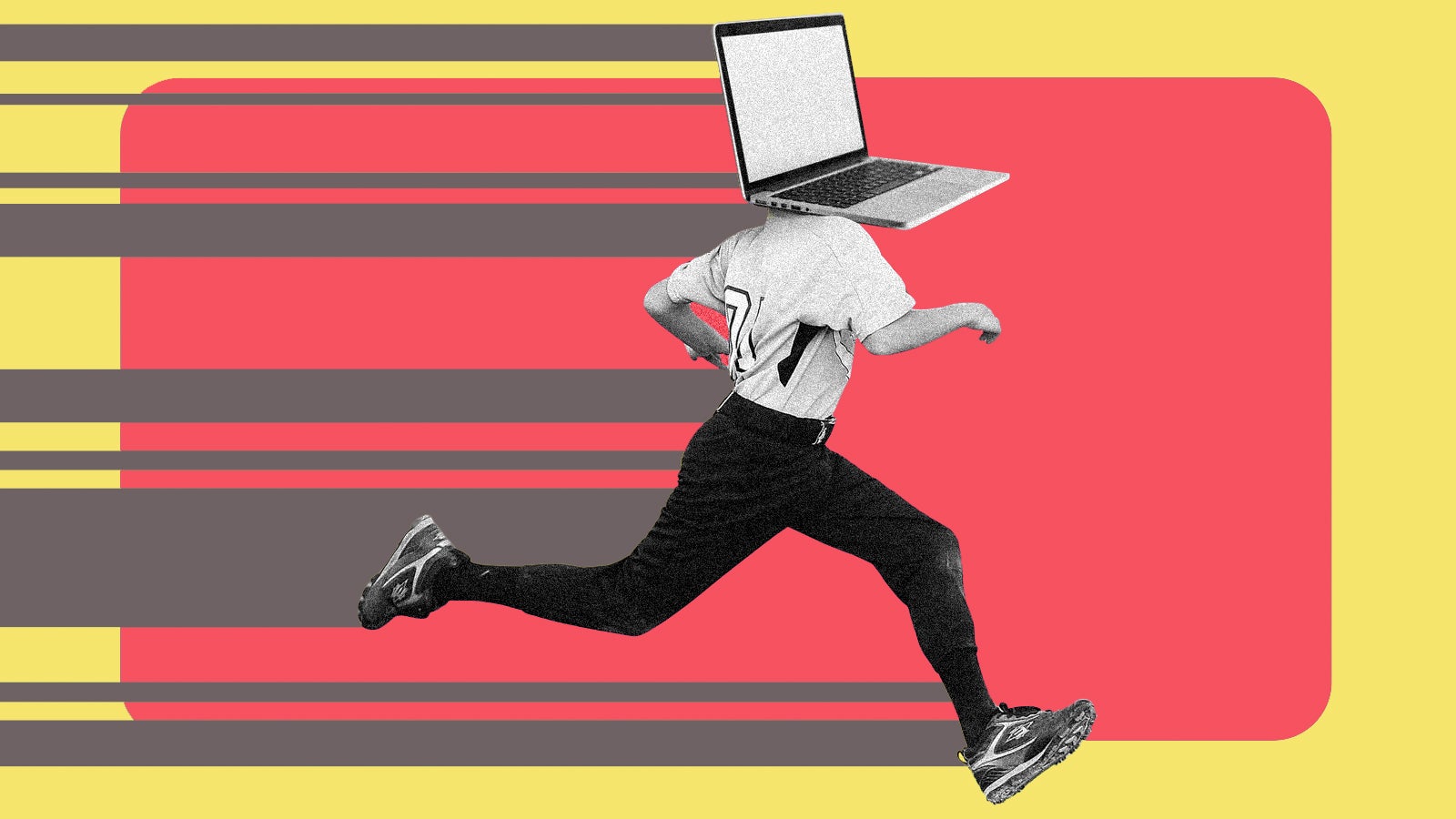 A person runs with a laptop as their head, set against a colorful, abstract background with red and yellow stripes.