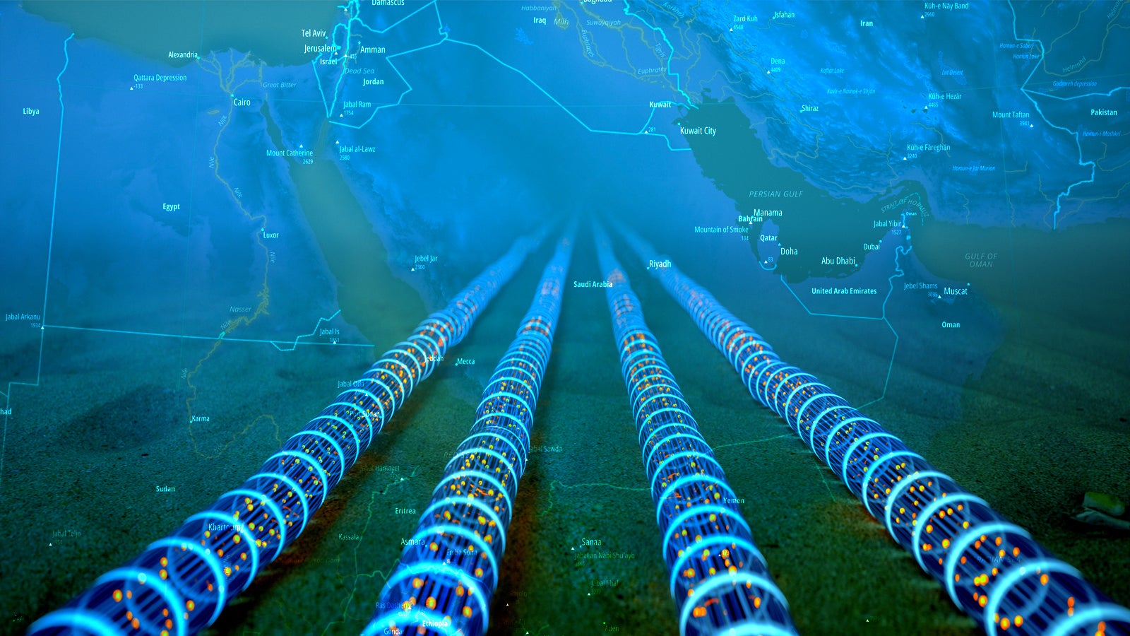 Underwater fiber optic cables traveling across a sandy ocean floor, with a map of the Arabian Gulf in the background.