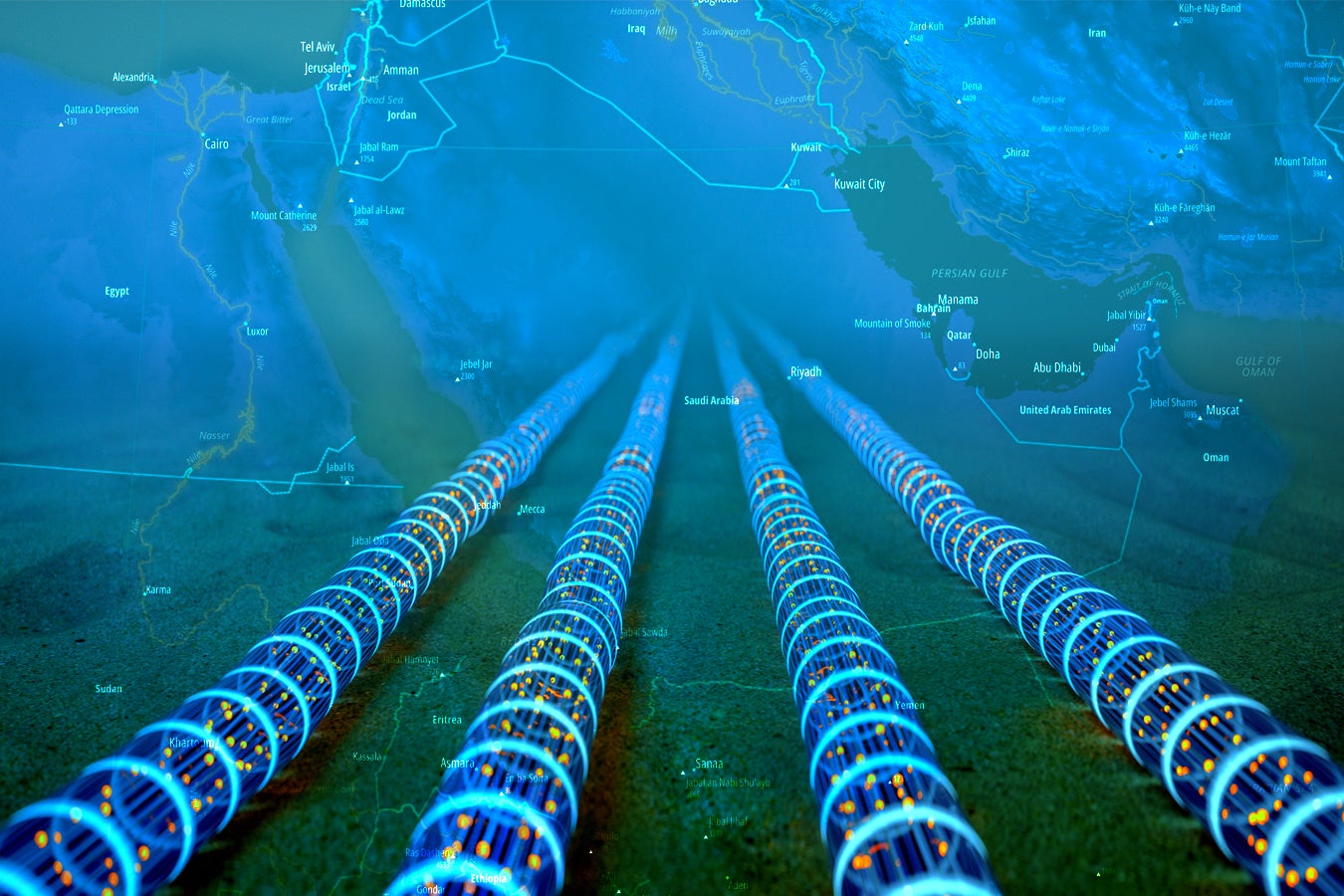 Underwater fiber optic cables traveling across a sandy ocean floor, with a map of the Arabian Gulf in the background.
