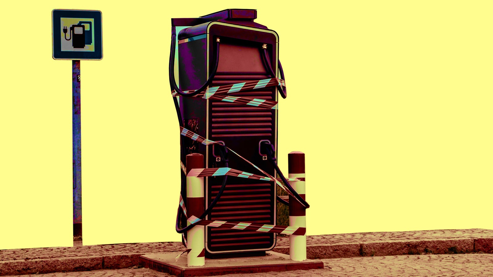 A vintage payphone wrapped in caution tape, situated near a roadside sign, against a vibrant yellow background.