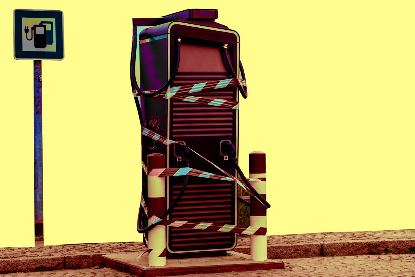 A vintage payphone wrapped in caution tape, situated near a roadside sign, against a vibrant yellow background.