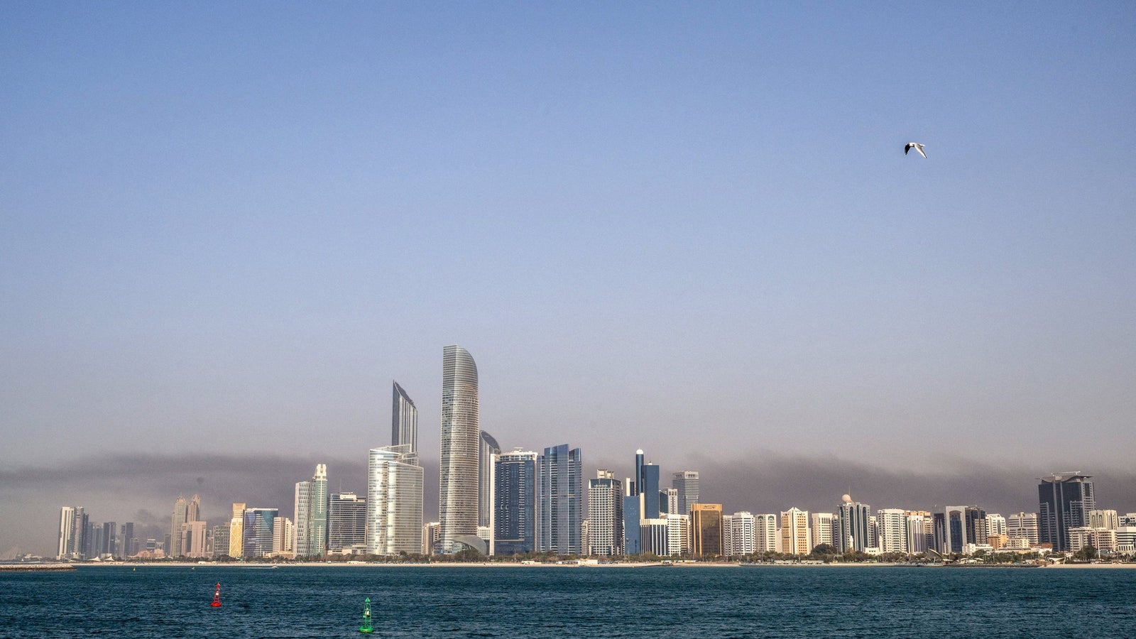 A coastal view of a modern skyline with various skyscrapers and a clear blue sky, featuring a distant bird in flight.