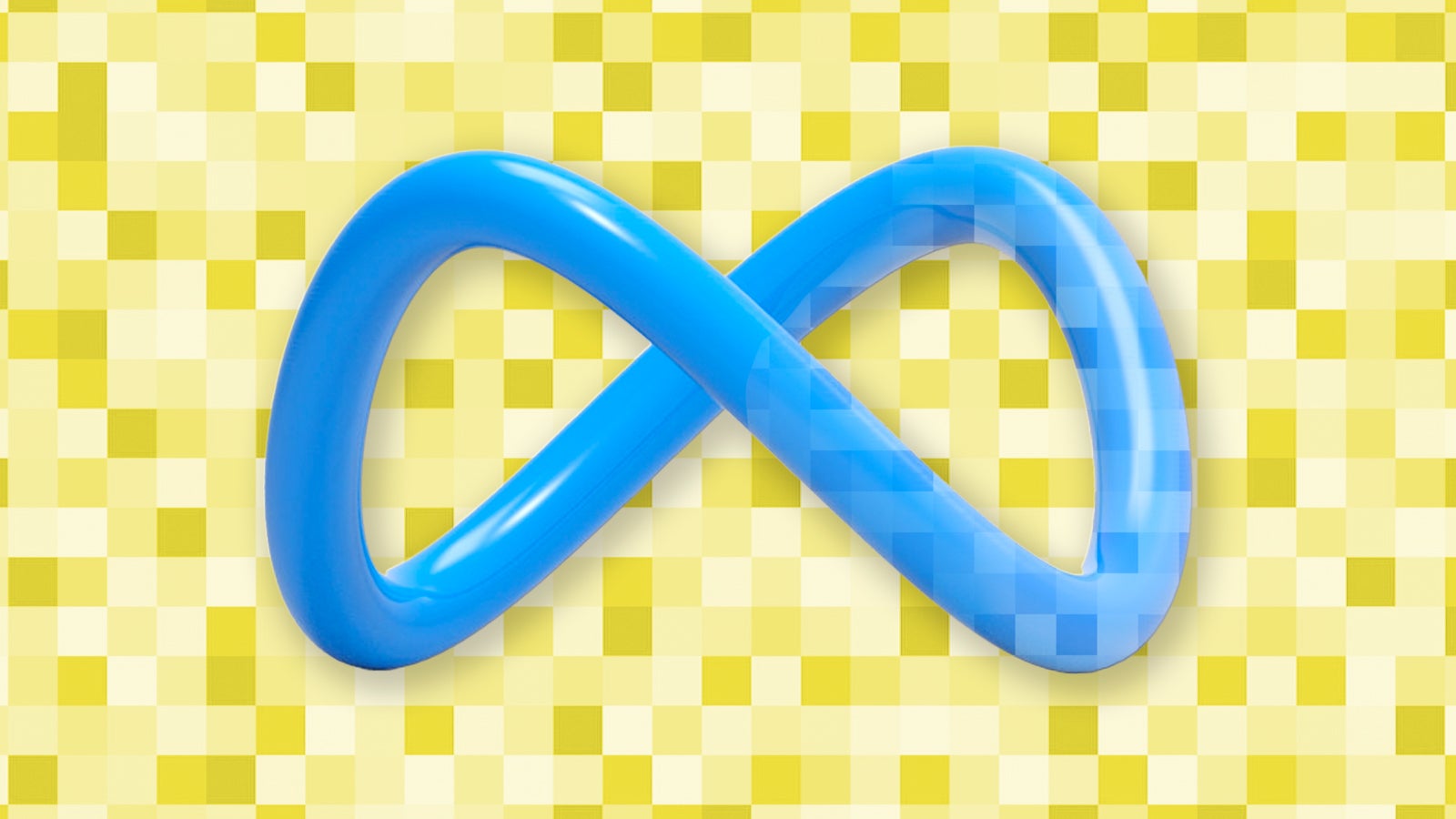 A blue Meta logo on a yellow pixelated background.