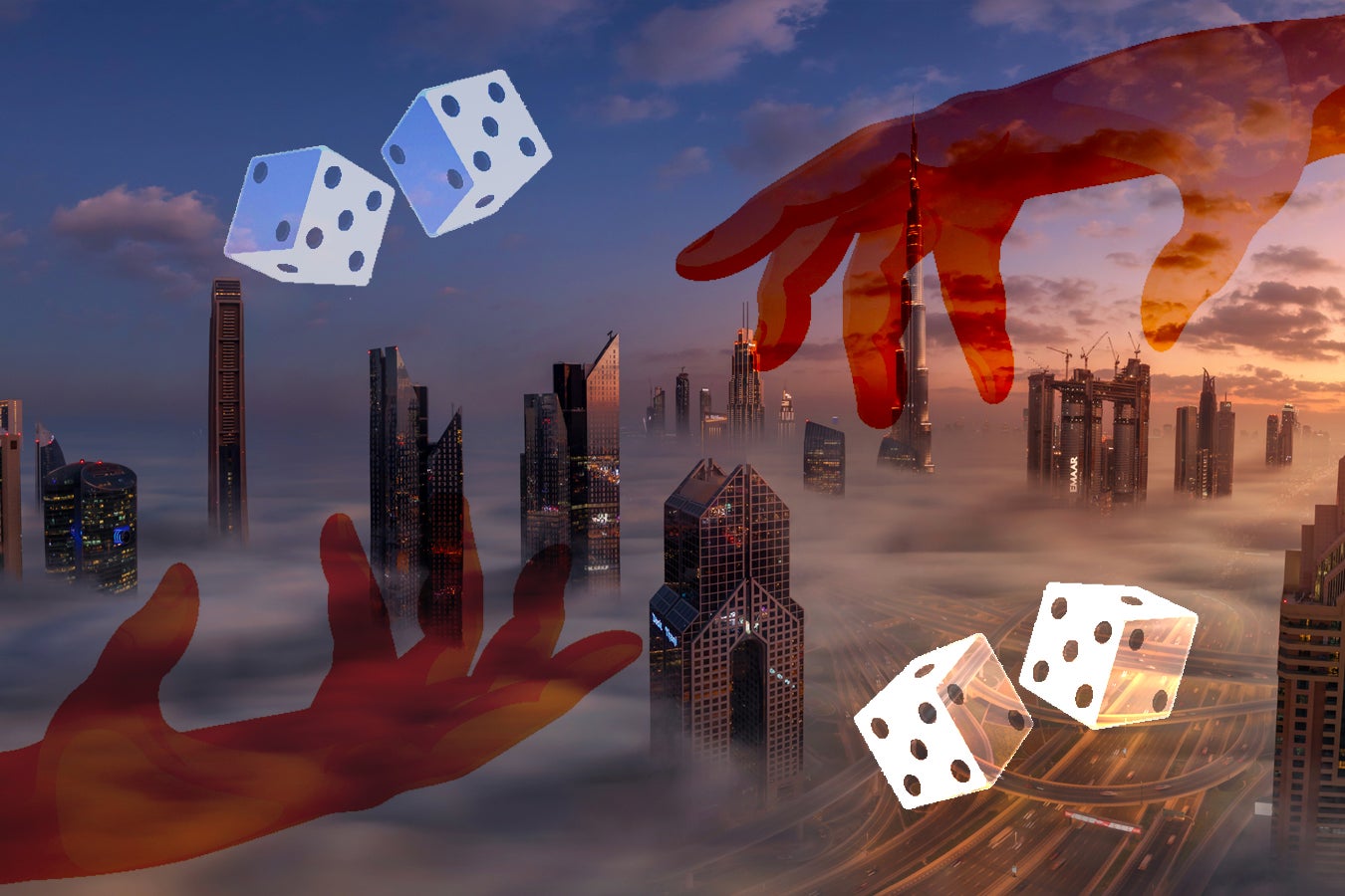 A surreal cityscape featuring hands throwing dice over a skyline shrouded in fog during sunset.