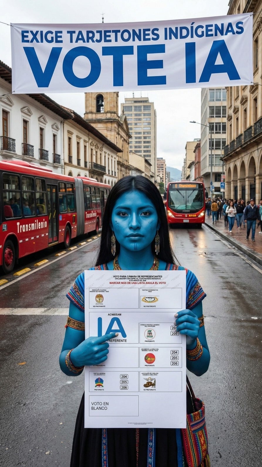 A blue-skinned woman in traditional attire holds an electoral ballot in a city street under a banner demanding indigenous cards.