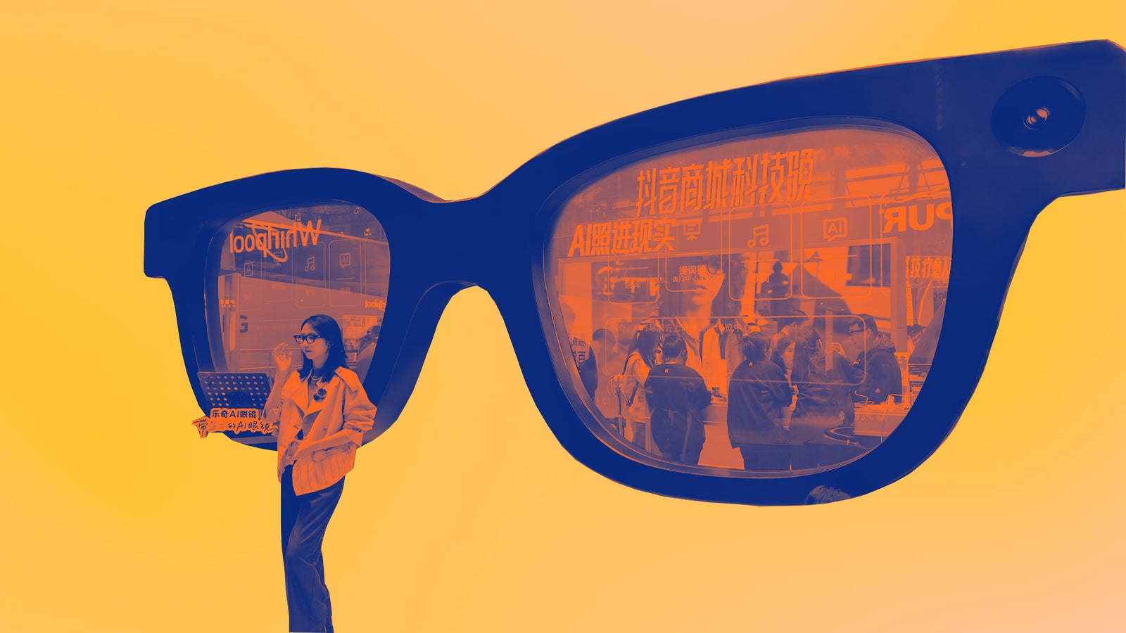 A person stands next to oversized sunglasses, with reflections of a busy street scene featuring colorful signs.