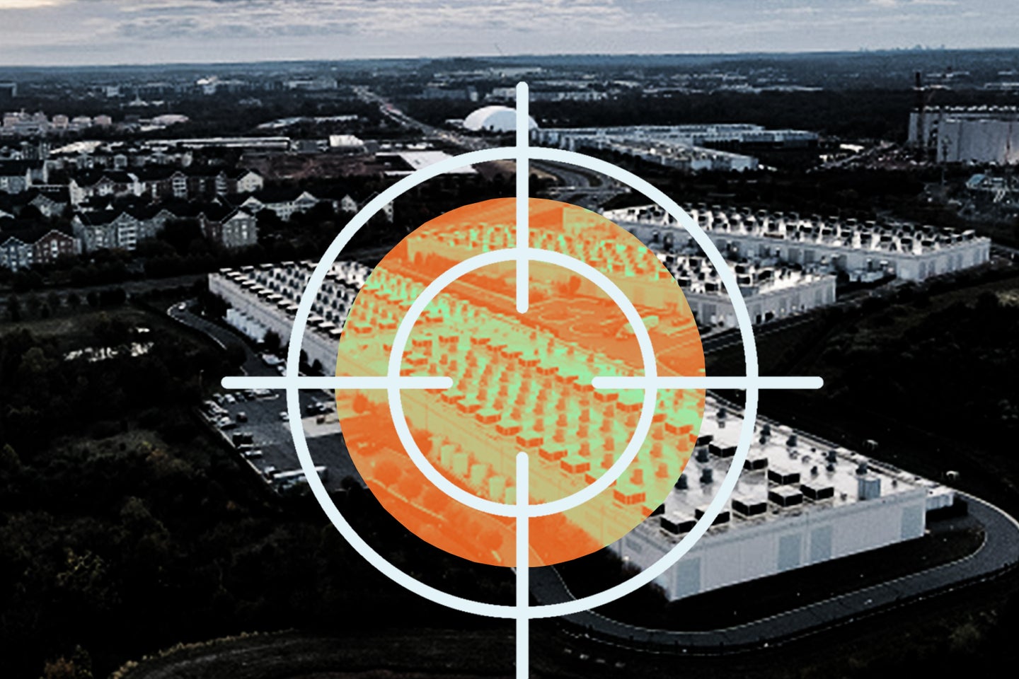 Aerial view of a large data center with a target overlay, surrounded by residential areas and industrial buildings.