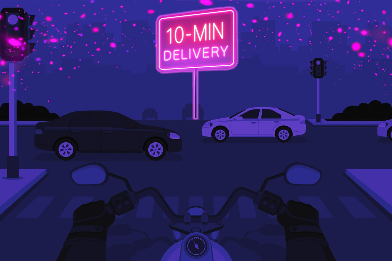 View from a motorcycle with hands on the handlebars, looking at a neon pink sign reading "10-MIN DELIVERY" at a busy intersection.