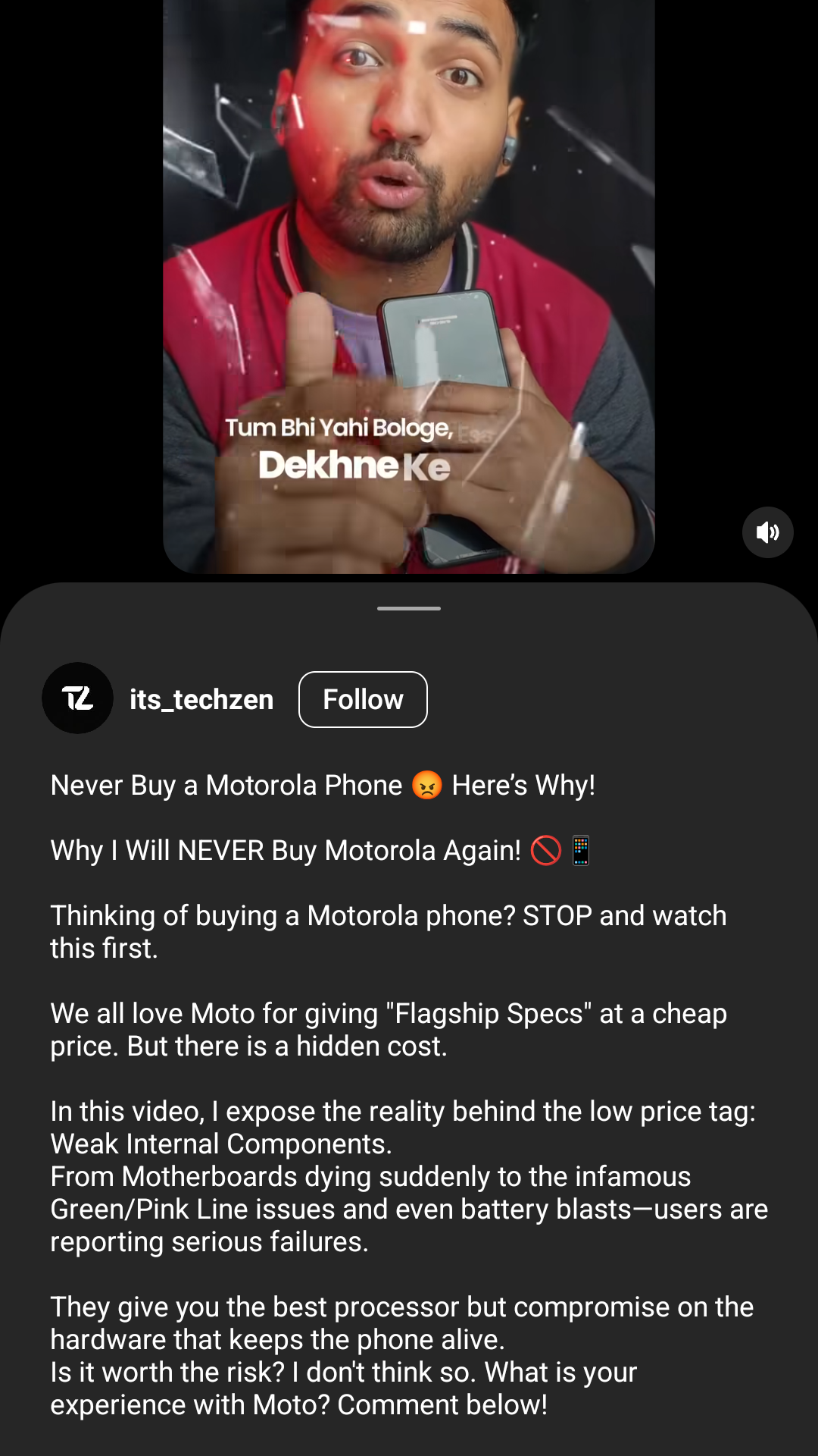 A person passionately discusses avoiding Motorola phones, highlighting weak internal hardware despite attractive features.