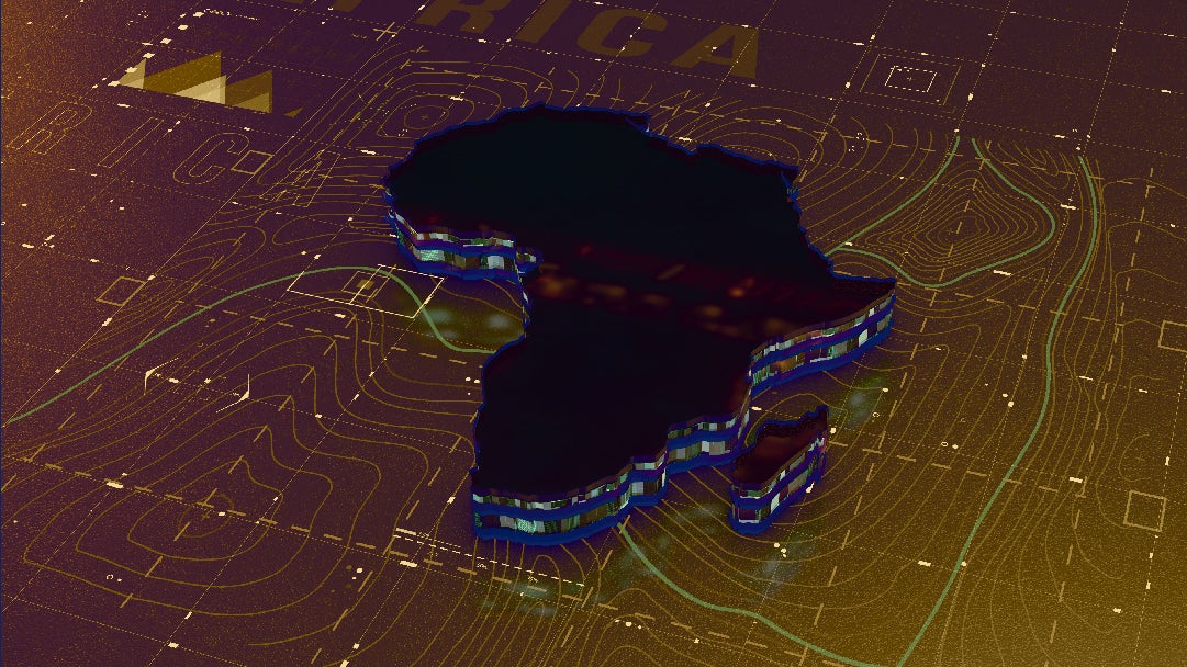 A stylized 3D map of Africa with glowing edges, set against a textured background featuring contour lines and graphics.