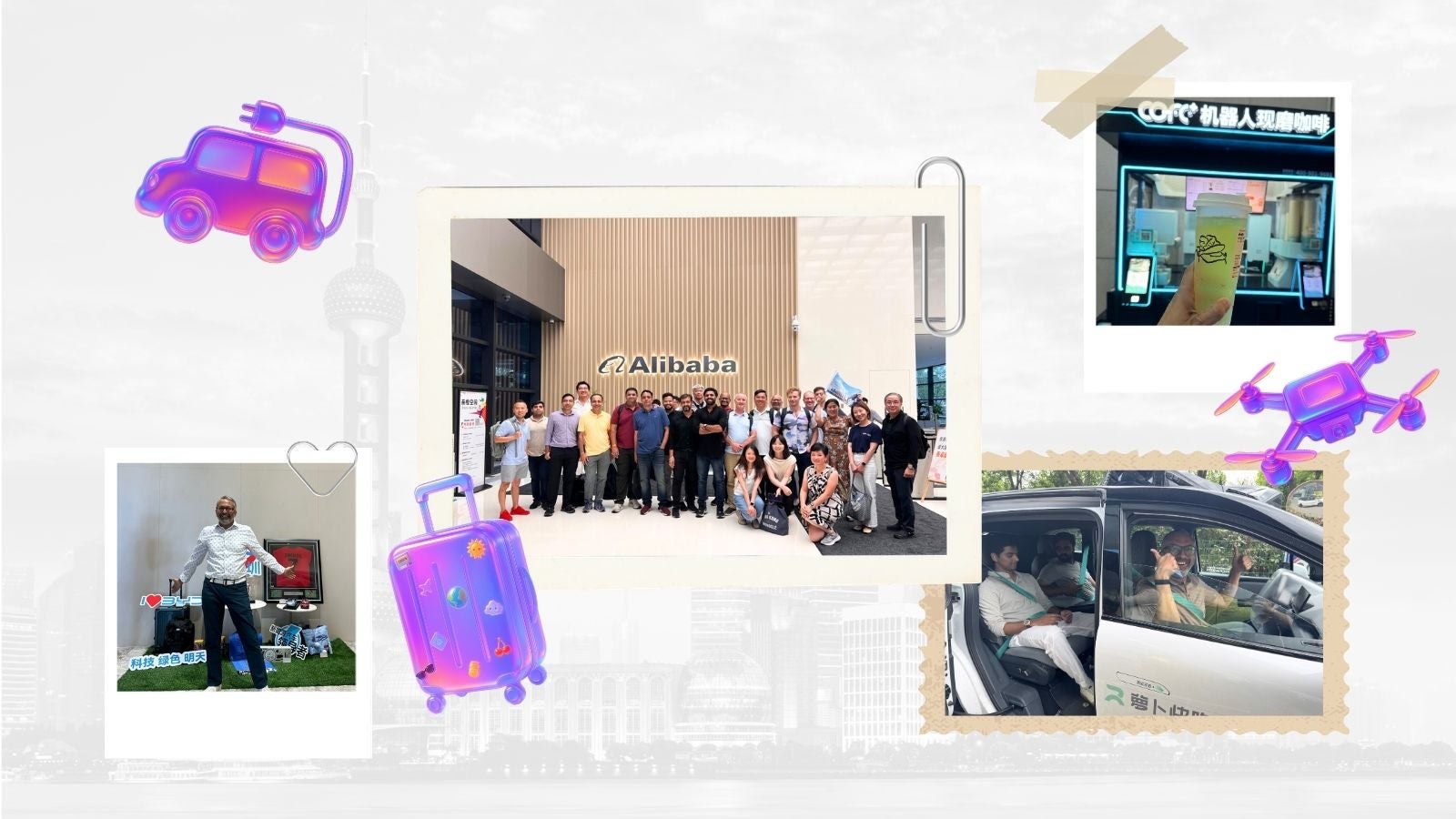 A collage featuring a group of people in front of an Alibaba building, various activities, and travel-themed graphics.