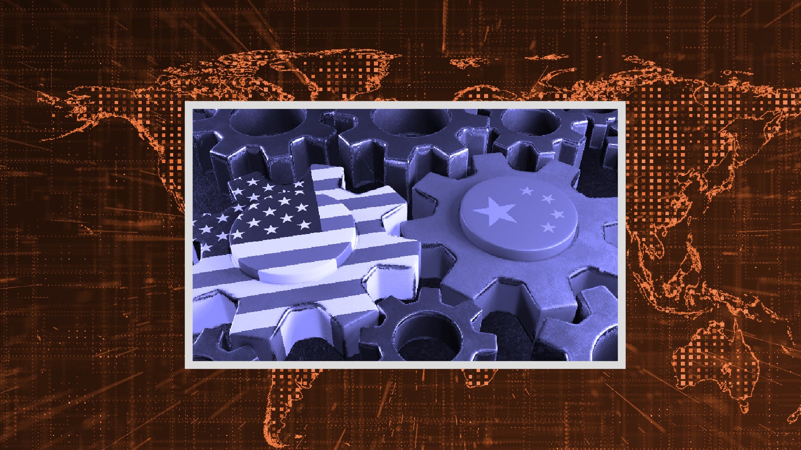 Gears with the US and Chinese flags on them, set against a digital world map background.