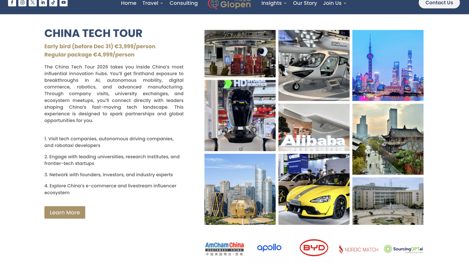 Promotional graphic for a "China Tech Tour," outlining tour details, pricing, and activities related to technology companies in China.