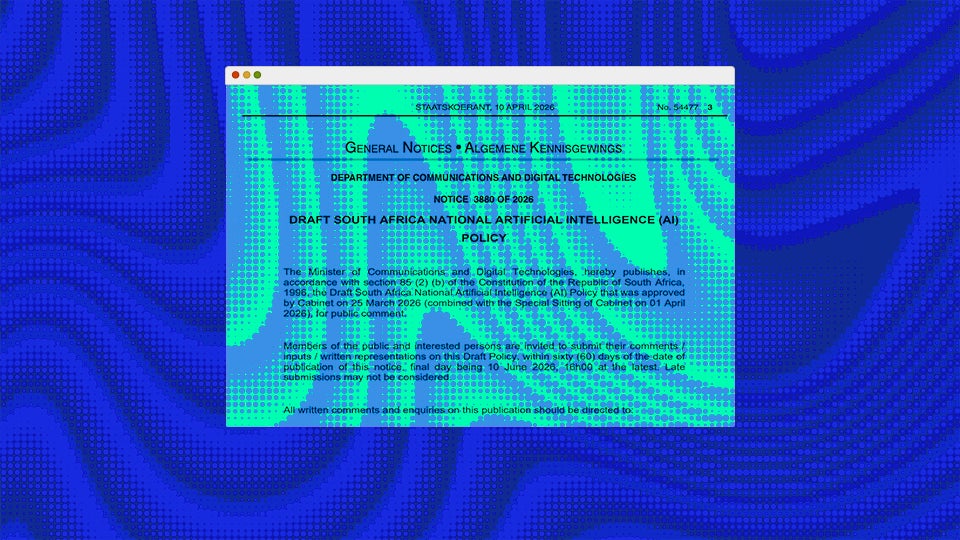 A digitally altered notice from the South African Department of Communications regarding a draft national AI policy.