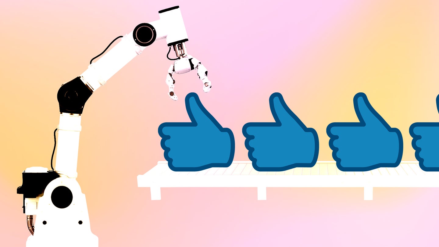 A robotic arm holding a mechanical grabber is positioned above several blue thumbs-up symbols on a conveyor.