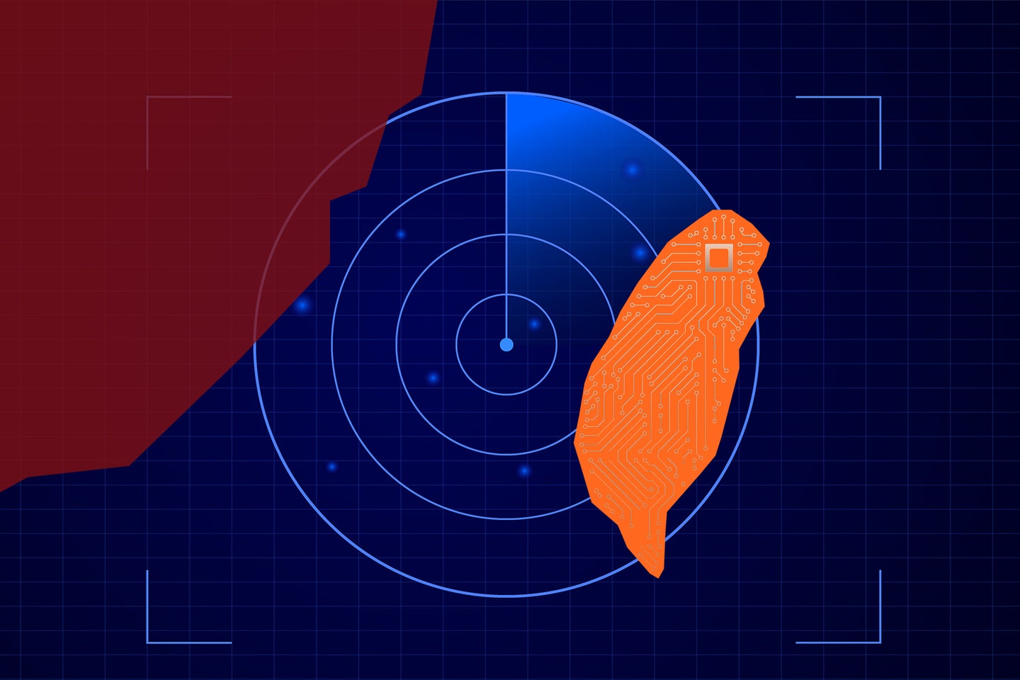 A stylized radar graphic featuring an orange outline of Taiwan with circuit patterns on a dark blue background.