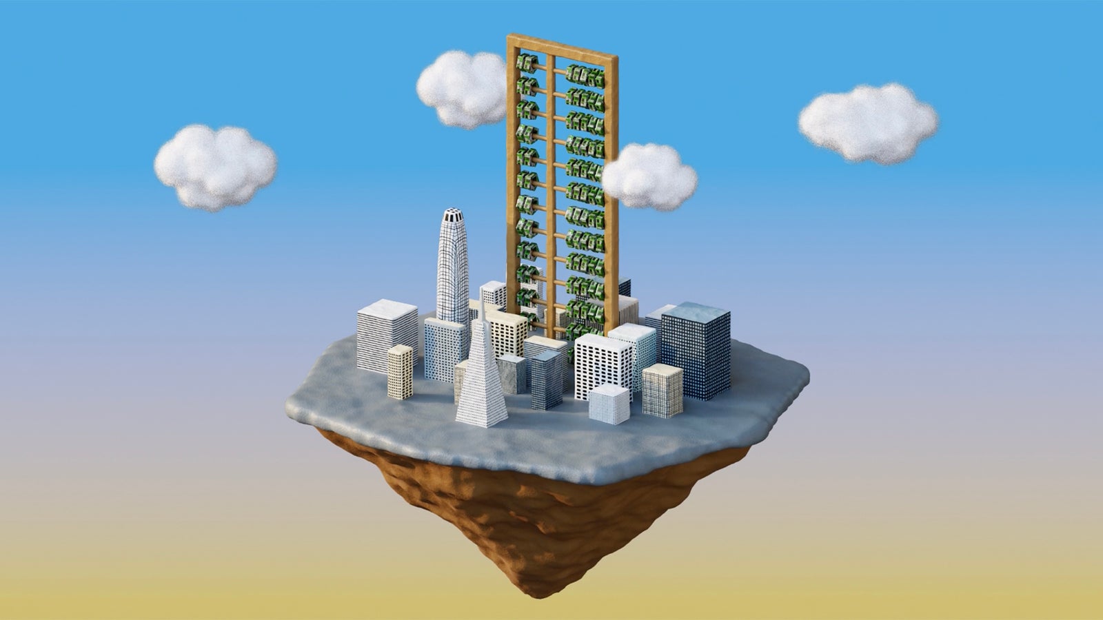 A futuristic cityscape on a floating island, featuring modern skyscrapers and greenery integrated into a tall structure.