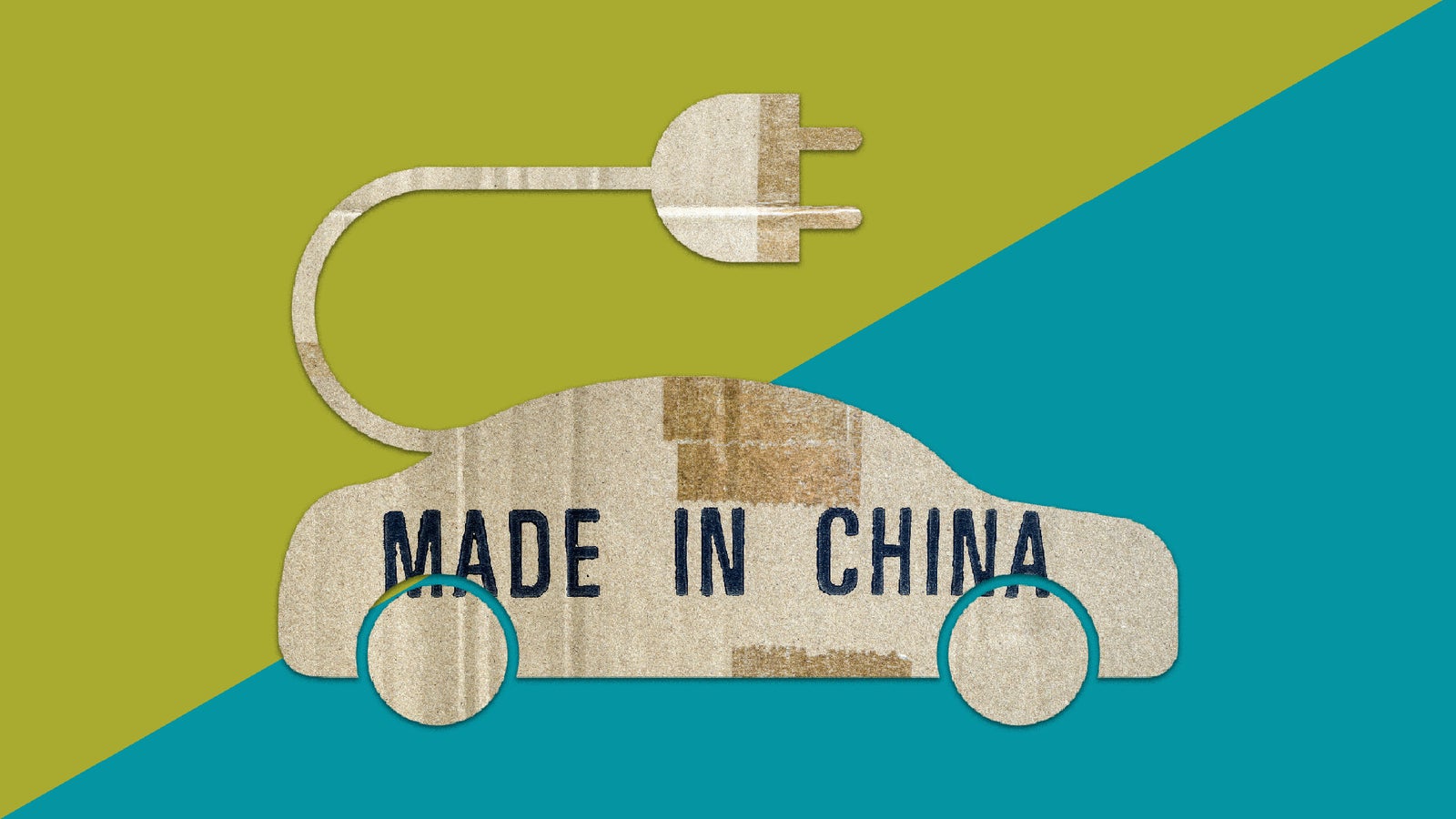 An abstract illustration of a car with a power plug, featuring the text "MADE IN CHINA" in bold letters against a green and teal background.