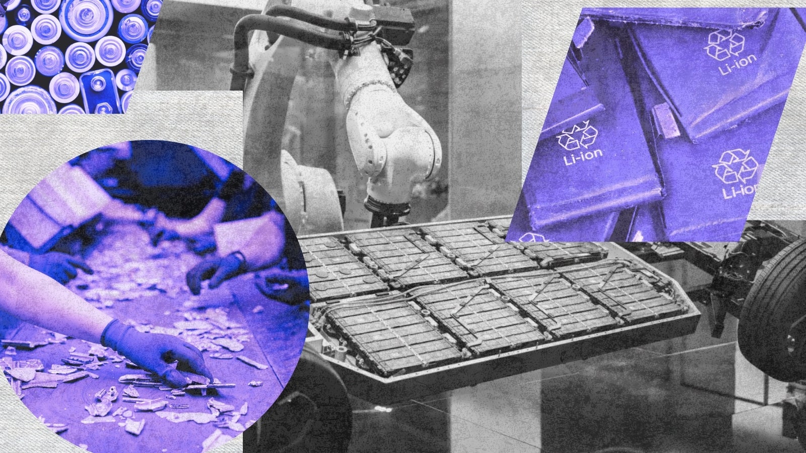 A collage showing a robotic arm handling an electric vehicle battery, various lithium-ion batteries, and hands working with battery components on a table