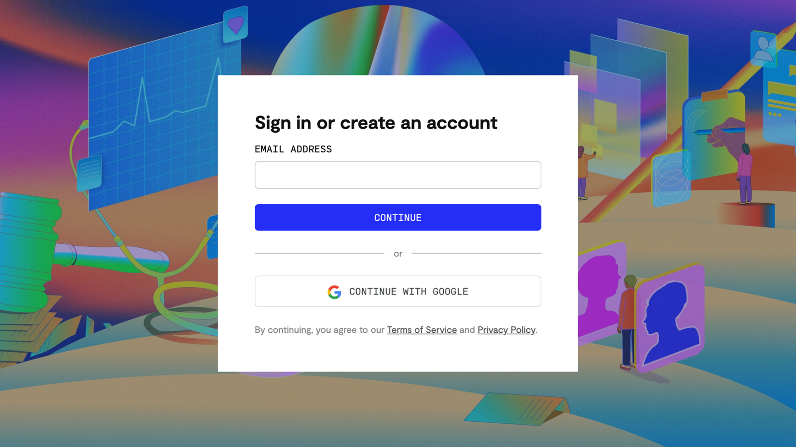 A colorful sign-in interface with fields for email and Google login, featuring abstract graphics in the background
