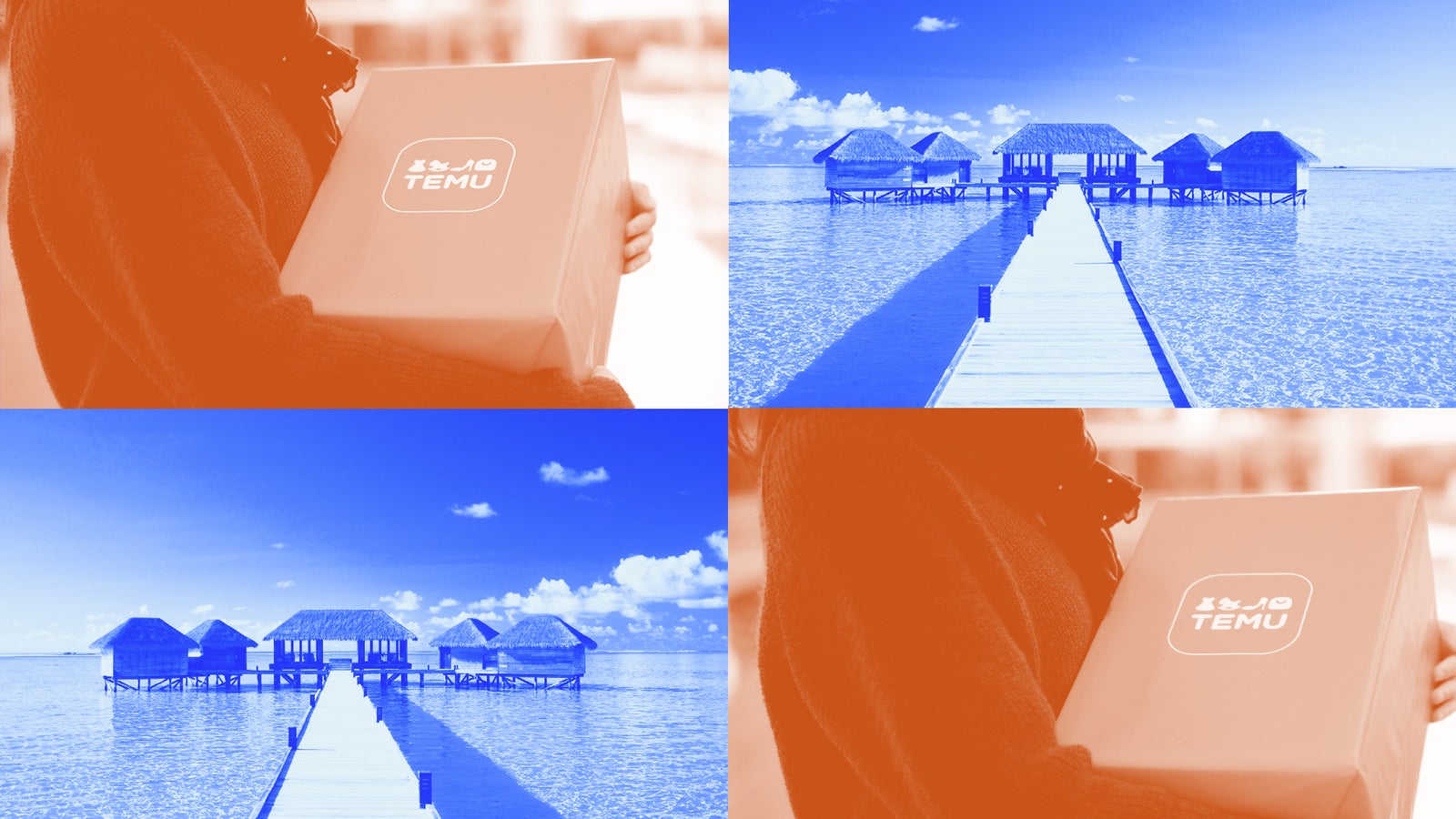 A person holds a box labeled "TEMU" against a backdrop of ocean villas and a wooden walkway, split into four colored quadrants