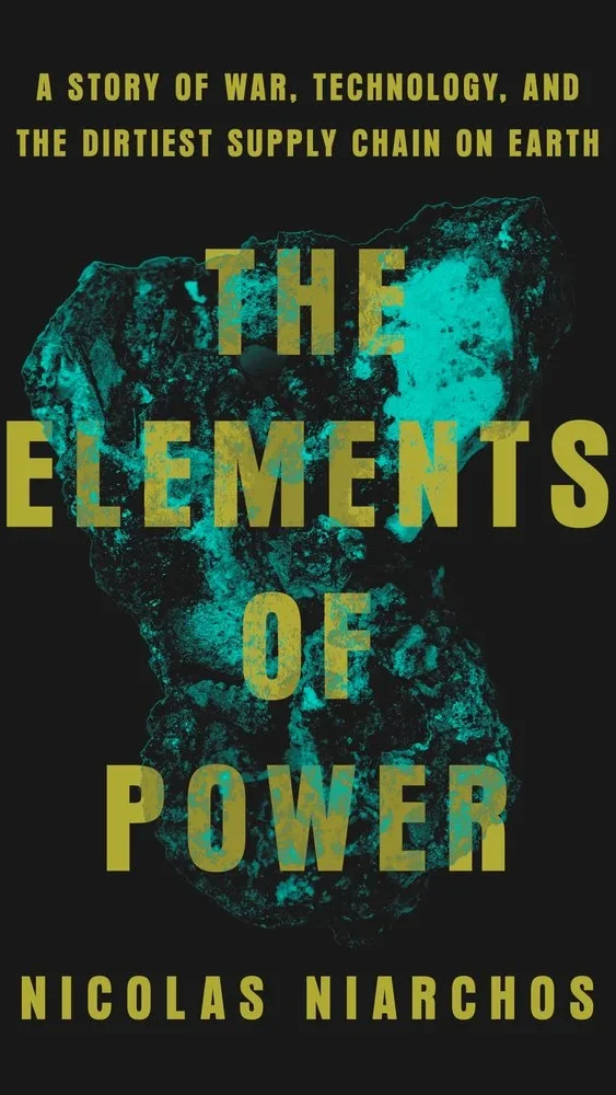 Book cover featuring the title "The Elements of Power" in large yellow letters, set against a black background with a turquoise mineral image.