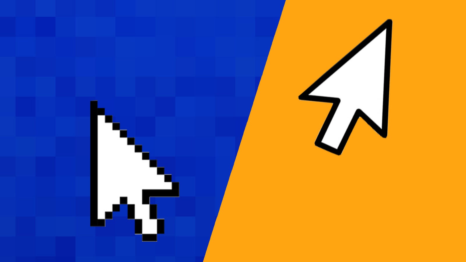 Two computer cursor icons are displayed side by side, one on a blue pixelated background and the other on an orange background.