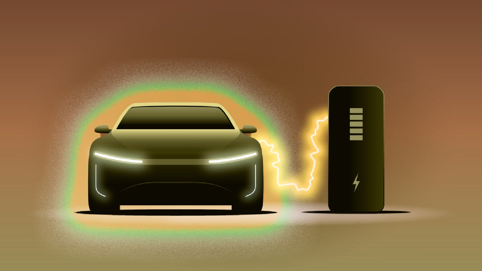 A stylized electric car charging at a station, with a glowing connection indicating energy transfer