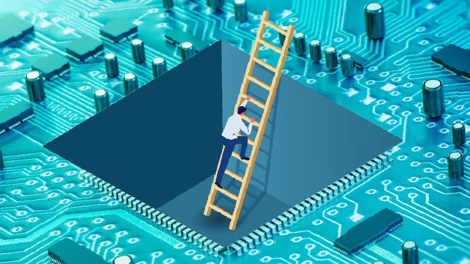 A person in a white shirt climbs a wooden ladder leading into a dark hole, set against a blue circuit board background