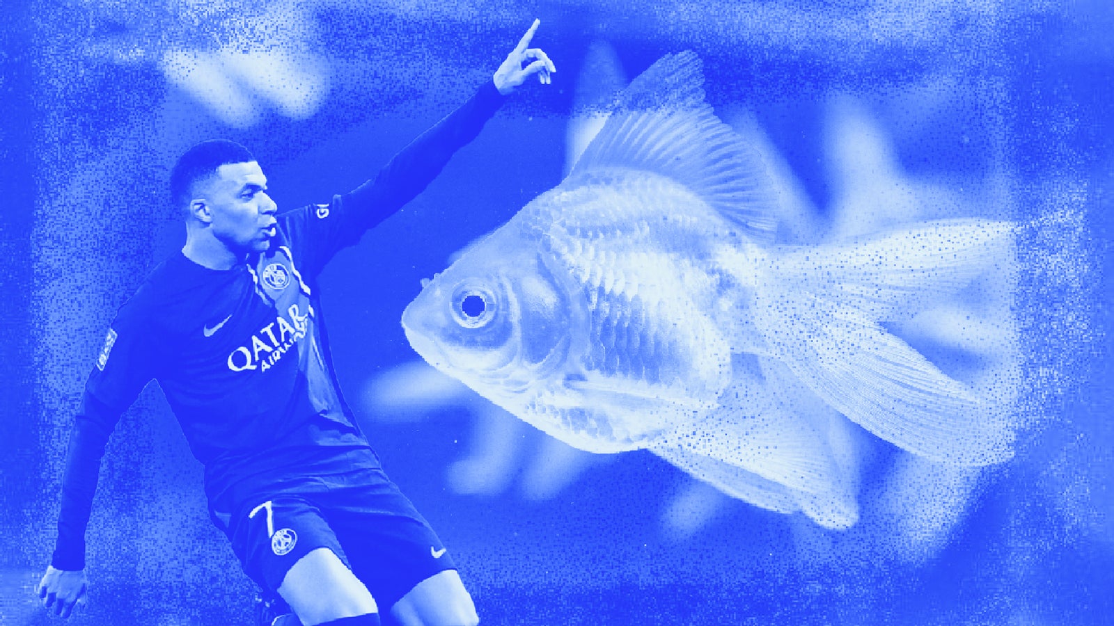 A soccer player in a blue jersey points upward while a large goldfish swims nearby, both in a stylized blue backdrop