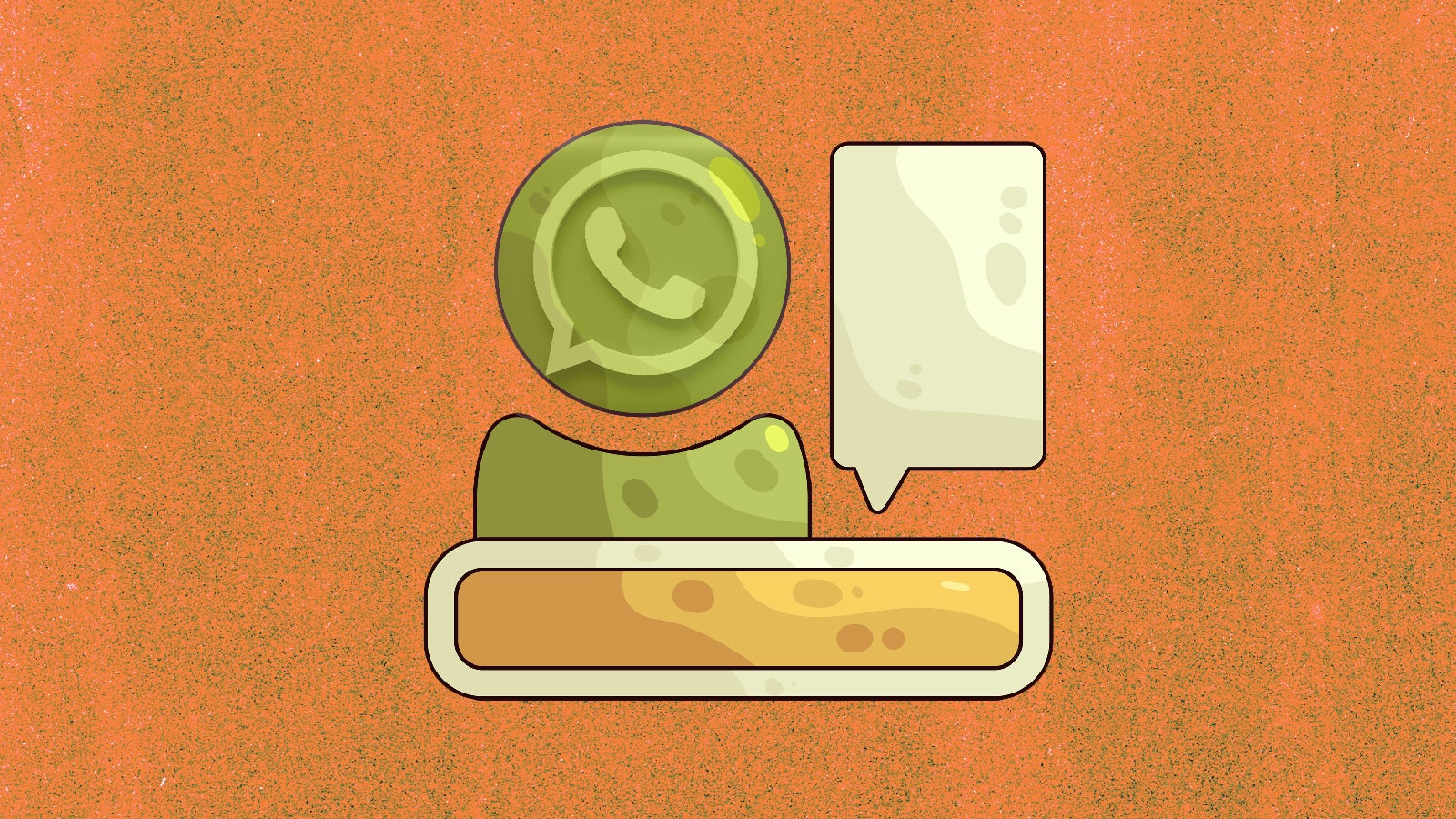 Graphic illustration featuring a green WhatsApp icon, a speech bubble, and a rectangular input field on an orange background