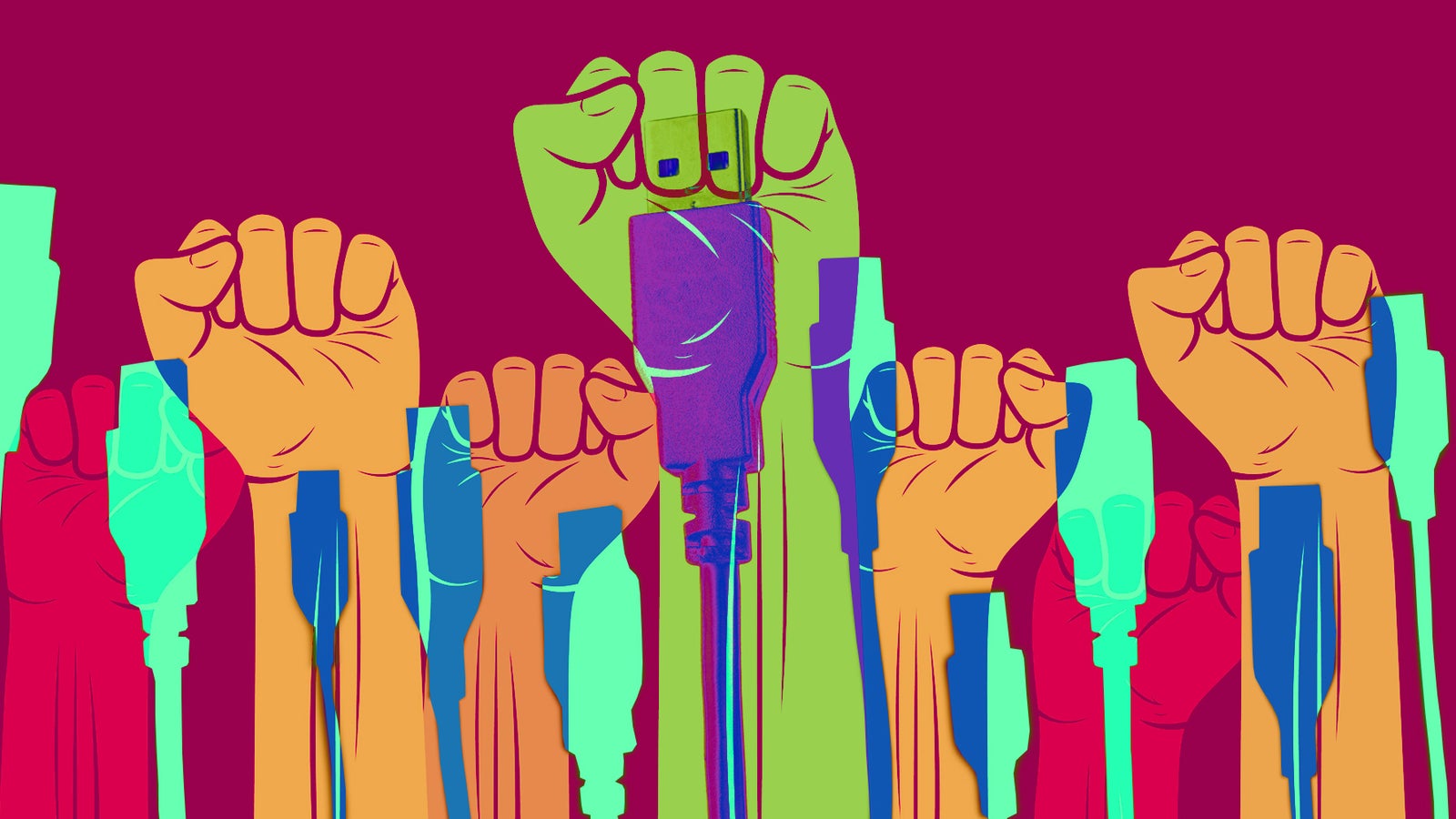 A collection of raised fists in various colors, some holding cables or plugs, set against a maroon background