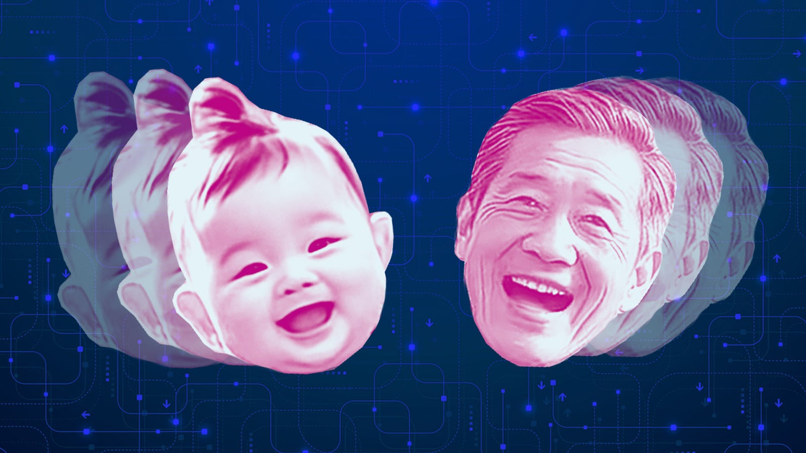 A smiling baby and an older man are depicted, blending faces in a vibrant digital background with abstract lines and shapes