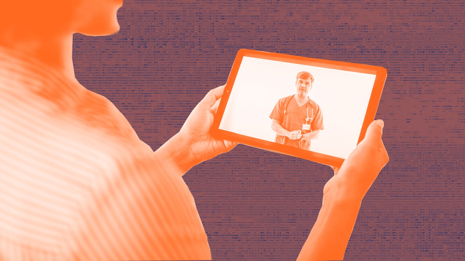 A person holding a tablet displays a healthcare professional in scrubs giving a virtual consultation against a vibrant background