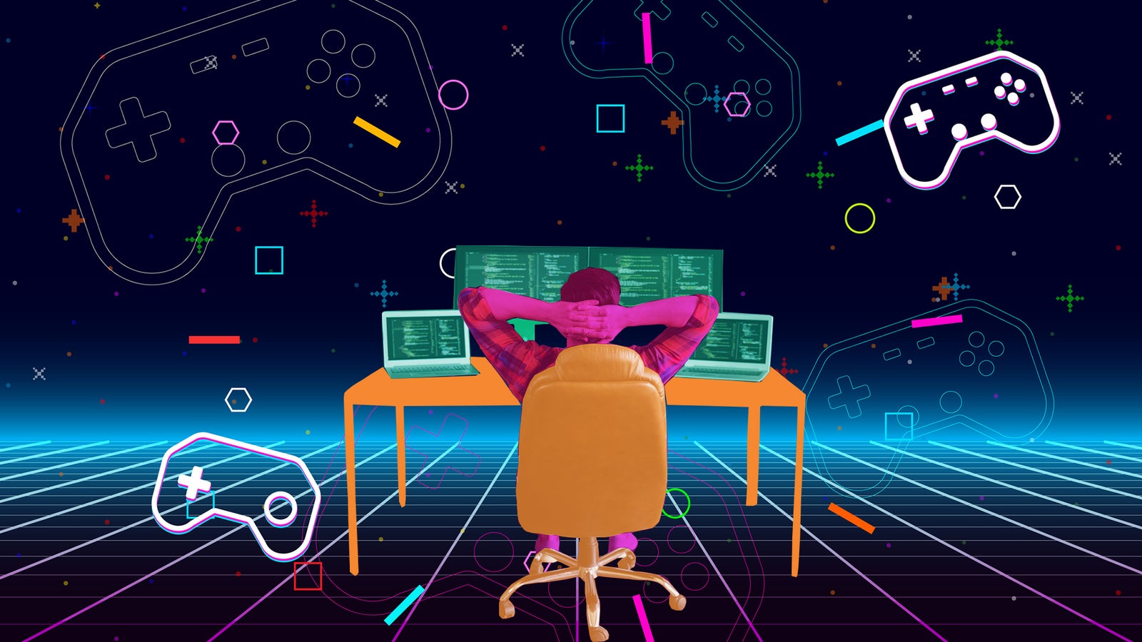 A person sits in a chair with arms behind their head, facing multiple screens displaying code, surrounded by gaming controllers and colorful geometric shapes