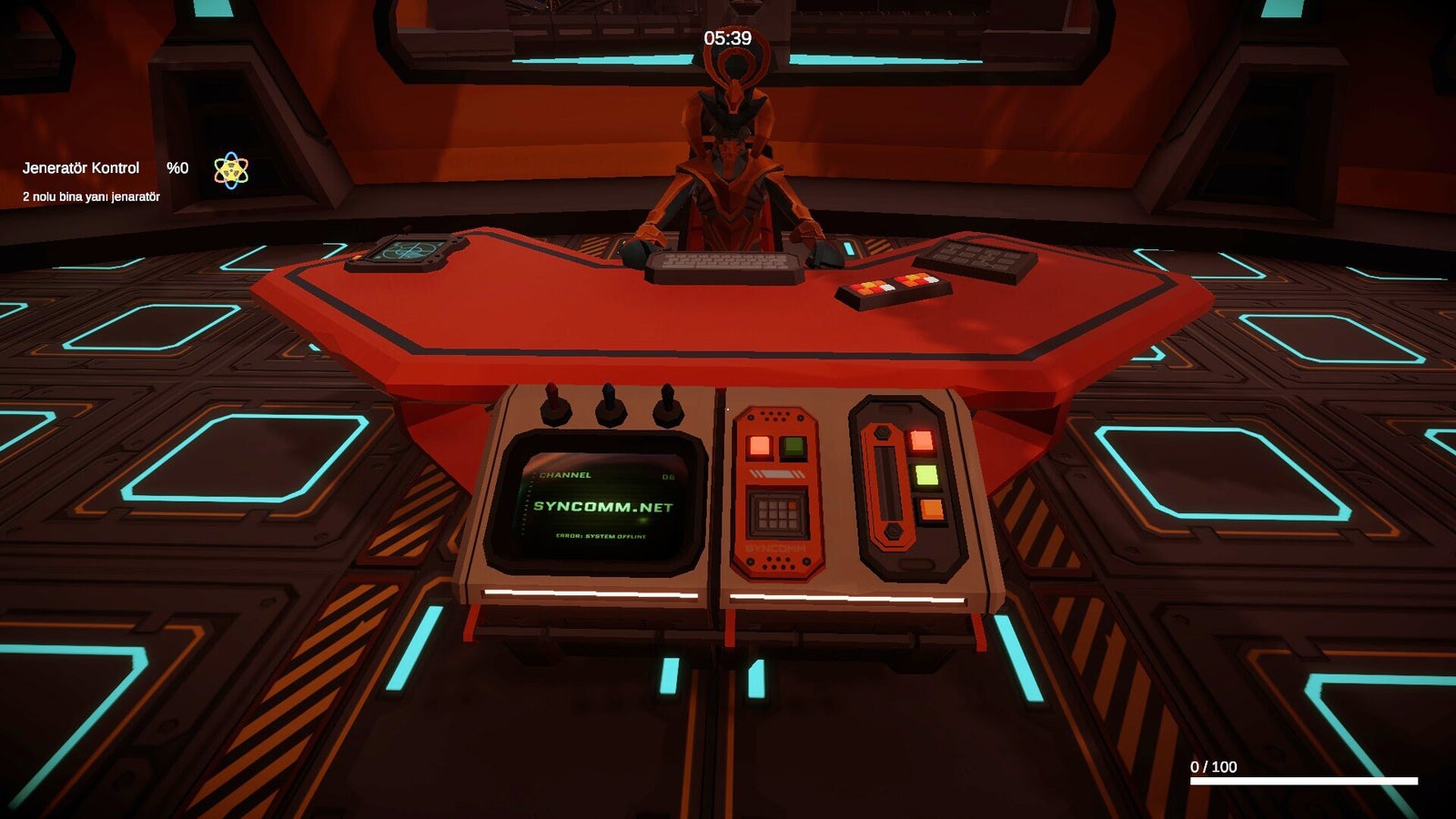 Futuristic control desk with various buttons and screens. A person wearing an impressive costume is sitting in front of it.