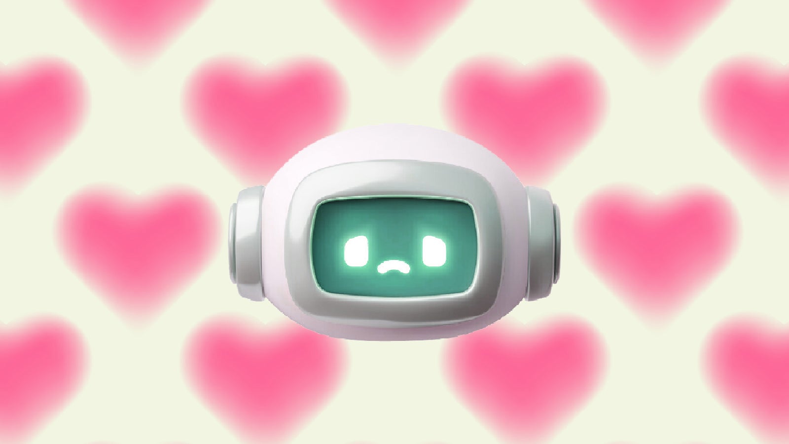 A small, round robot with a green screen face showing a sad expression, set against a background of pink hearts.