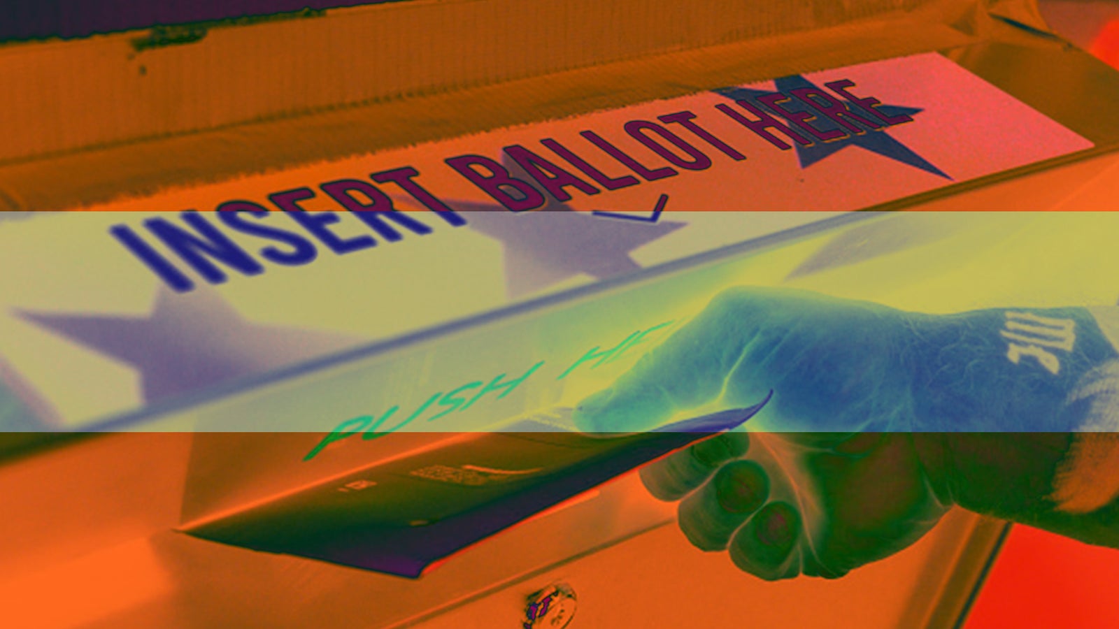 A hand inserting a ballot into a voting box labeled "INSERT BALLOT HERE," with a visible “PUSH HE” instruction