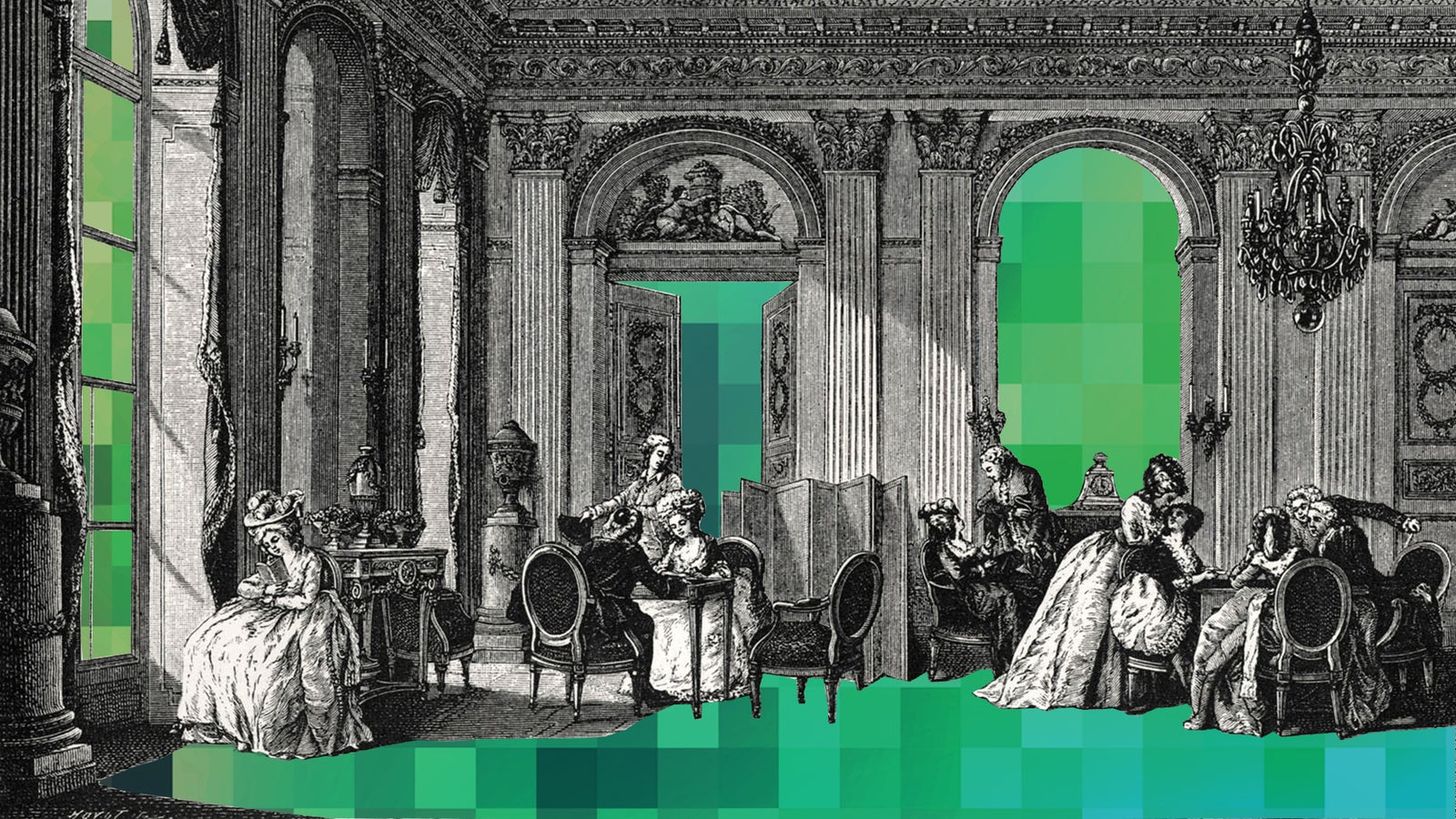 A 19th-century salon scene with elegantly dressed figures, surrounded by ornate architecture and colorful pixelated overlays