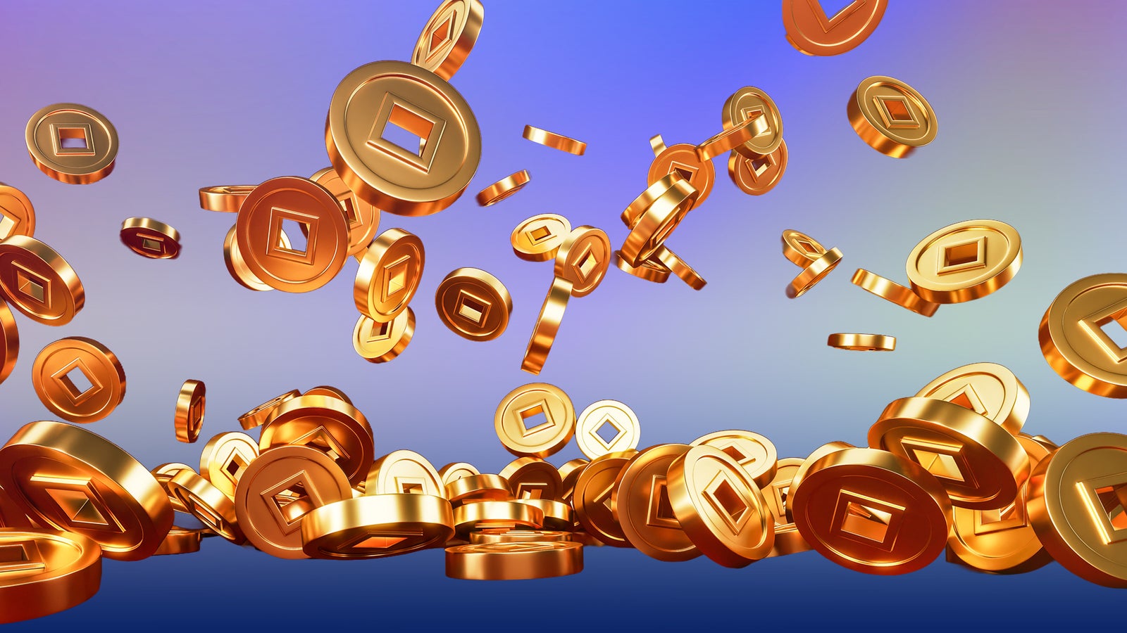 Falling golden coins against a gradient background, creating a dynamic and visually striking effect
