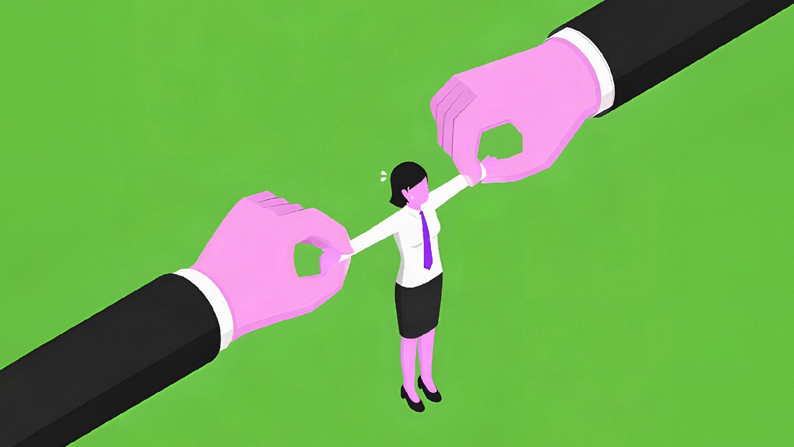 A small figure in business attire is being pulled by two oversized hands against a green background, conveying a sense of pressure